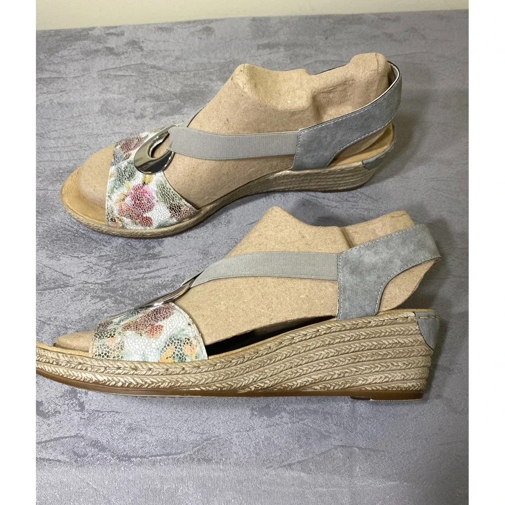 Rieker Antistress Floral Metallic Grey Wedge Espadrille Sandals 42 V8502-42